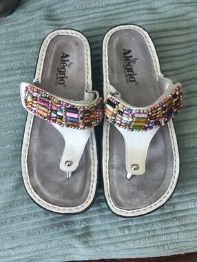 Alegria White Beaded Toe-Post Sandals with Multicolor Beads